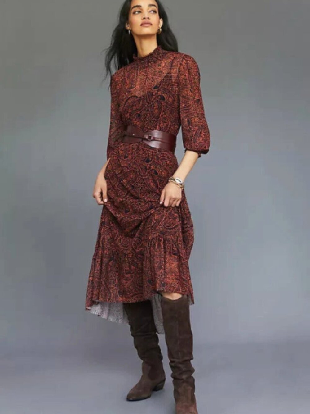 Farm Rio Mesh Dress Mock Neck Anthropologie Printed Paisley Midi Brown Size M - Picture 6 of 6